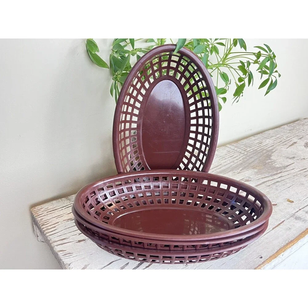 Vintage 1960s Brown Retro Plastic Oval Hamburger Frys Chip Serving Basket Taiwan